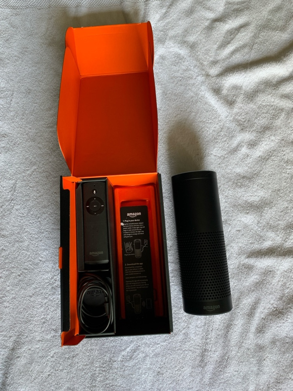 Amazon Echo Smart Speaker and Remote in Black with Orange Packaging